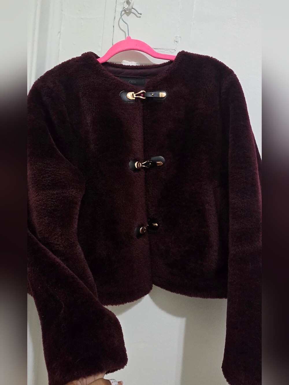 Zara Plush Toggle-Front Jacket in Deep Wine